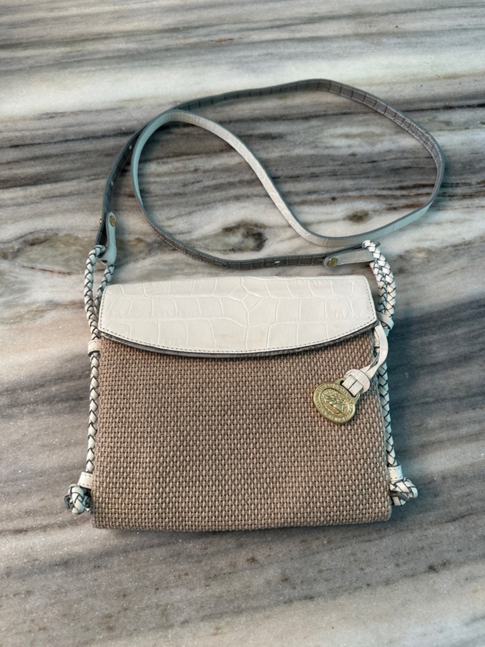 BRAHMIN EMBOSSED LEATHER AND JUTE CROSSBODY BAG